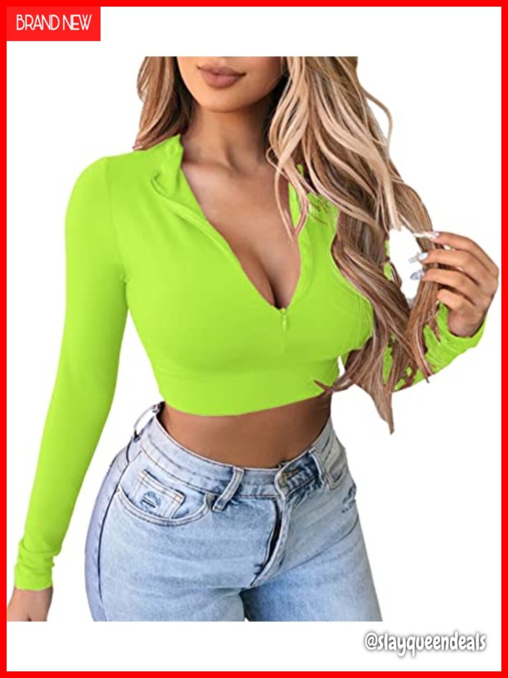 Women's Long Sleeve Quarter Zip Crop Top Fleece Lined V Neck Fitted Sexy